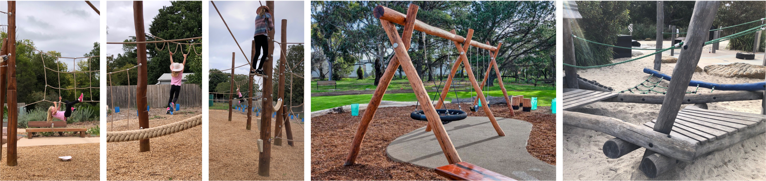 Five images of wooden climbing and swinging play equipment