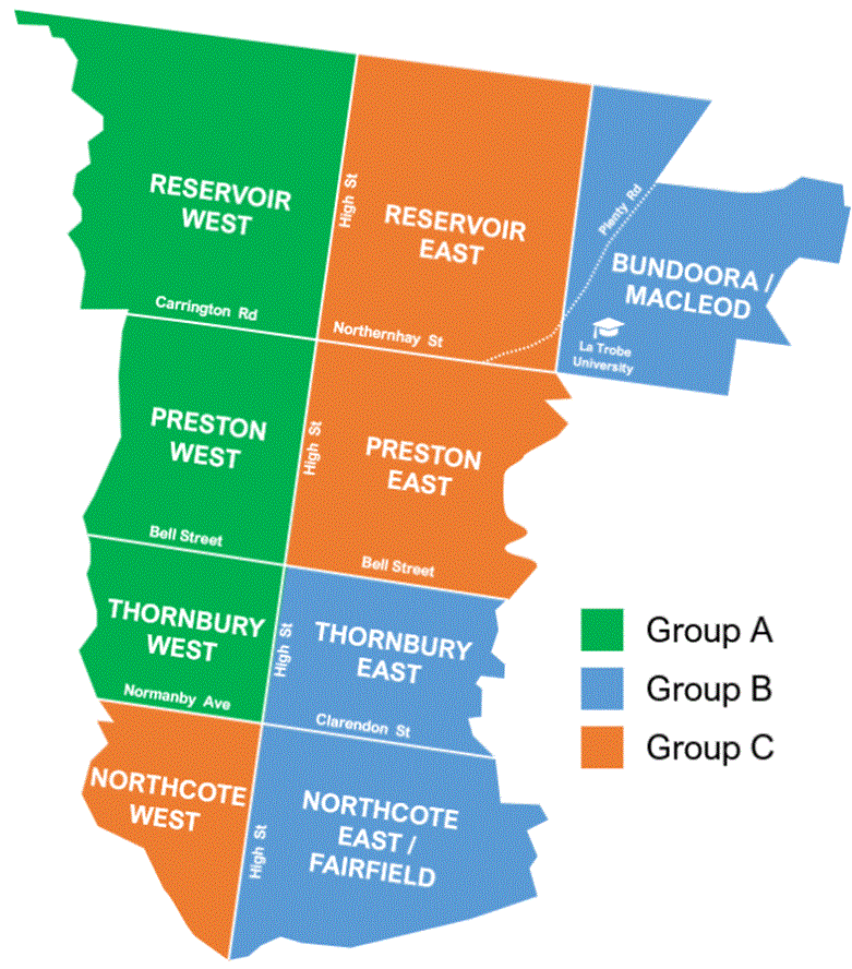 Map of the City of Darebin showing Group A which includes Reservoir West, Preston West and Thornbury West in Green, Group B which includes Bundoora, Macleod, Thornbury East, Northcote East and Fairfield in blue and Reservoir East, Preston East and Northcote West in orange
